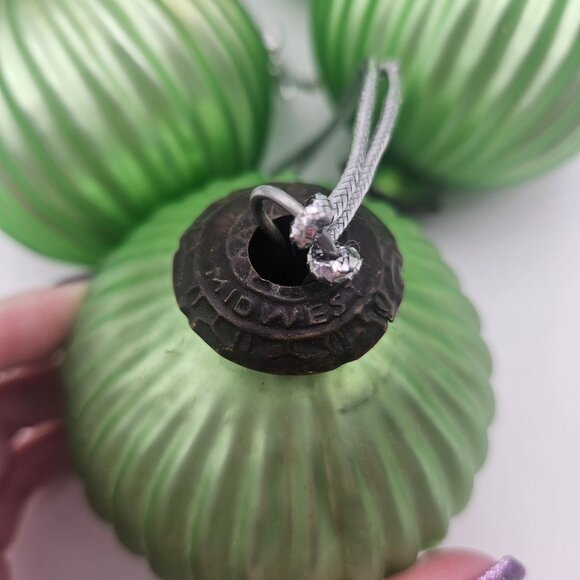 Midwest Kugel Iridescent Lime Green Ribbed Glass 3" Ornaments Lot of 5 - Picture 4 of 6